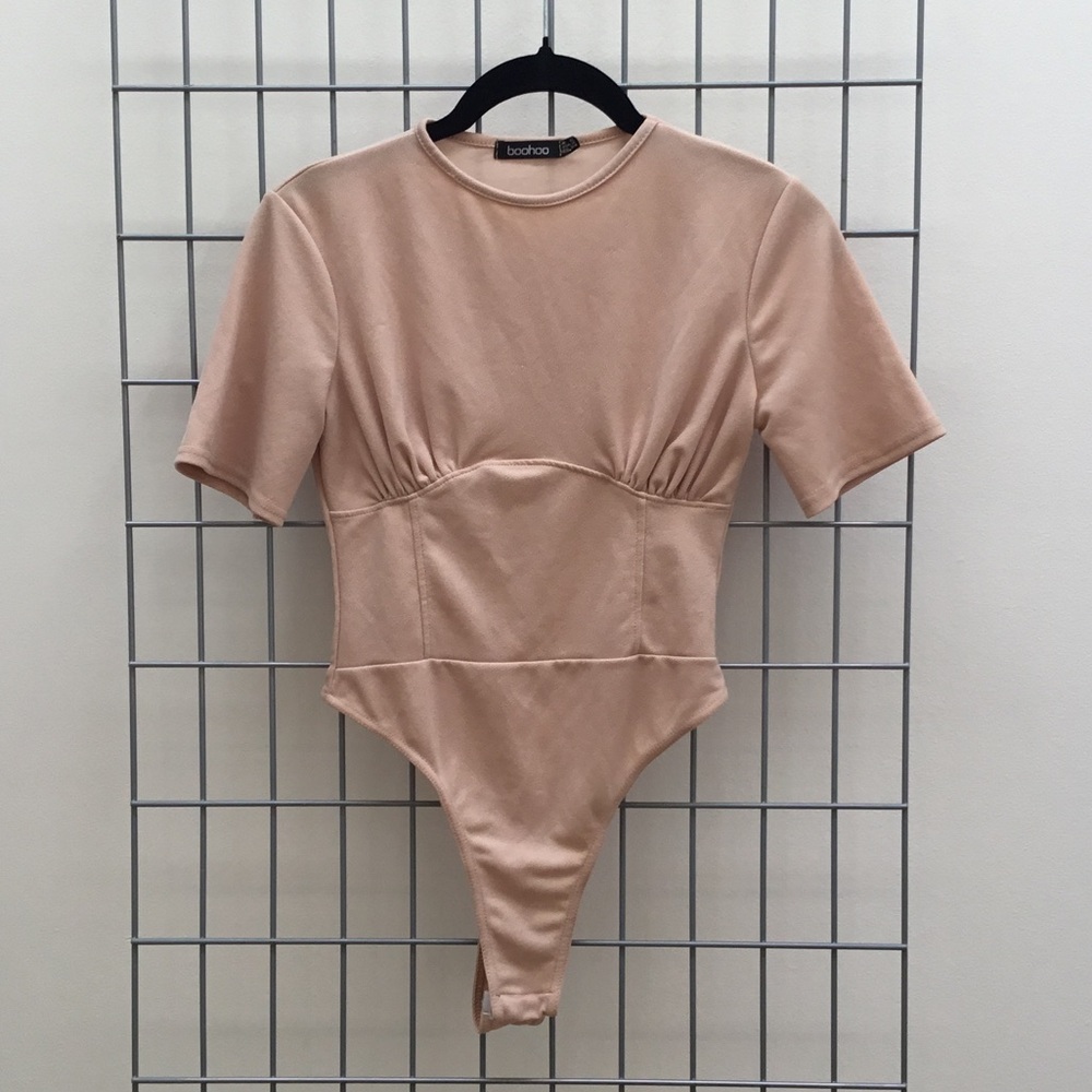 Boohoo Beige Corseted Short Sleeve Bodysuit